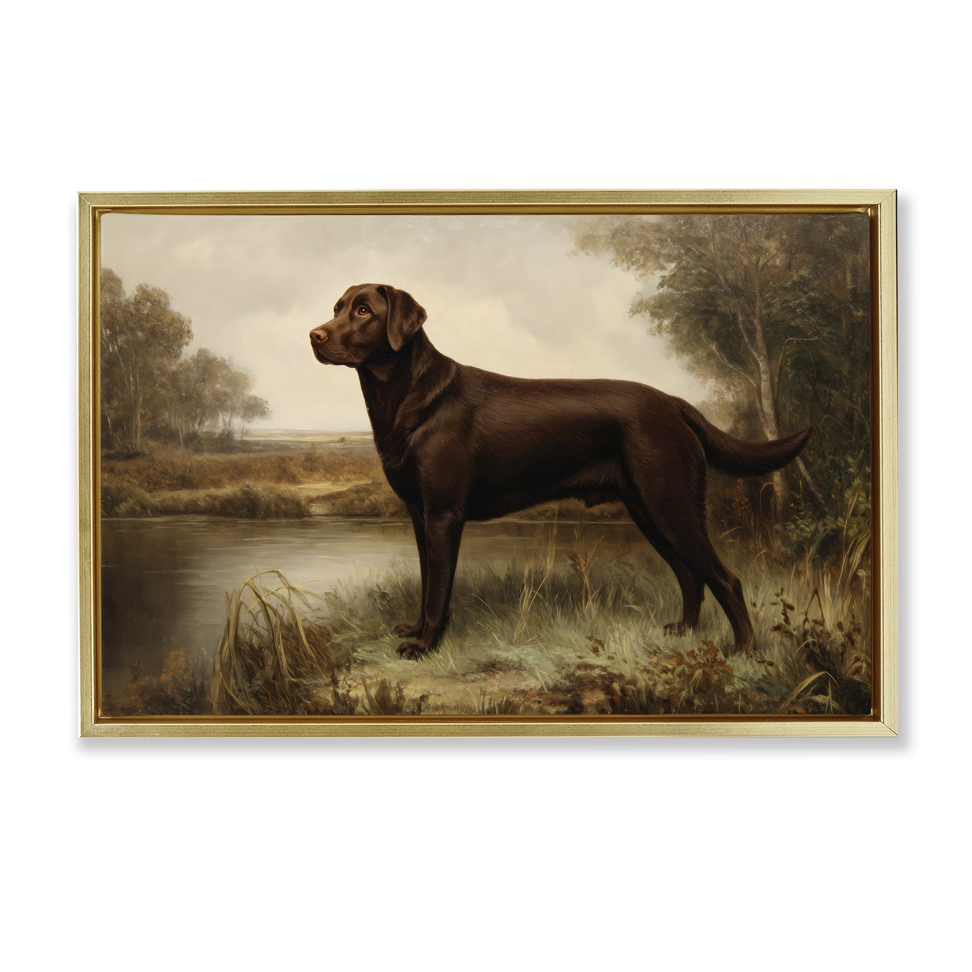 Stupell Industries Brown Lab By The River Gold Framed Floater Canvas Wall Art, design by Petal Prints Design