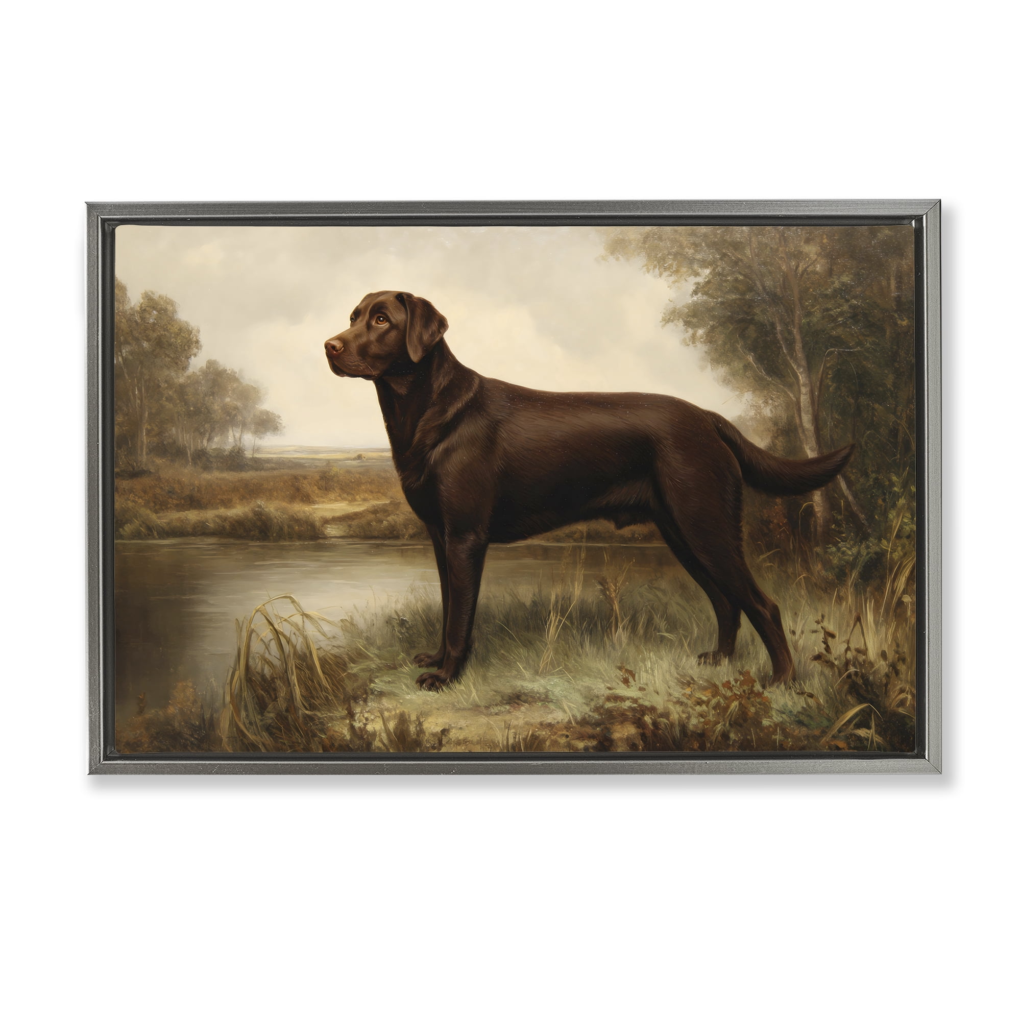 Stupell Industries Brown Lab By The River Gray Framed Floater Canvas Wall Art, design by Petal Prints Design