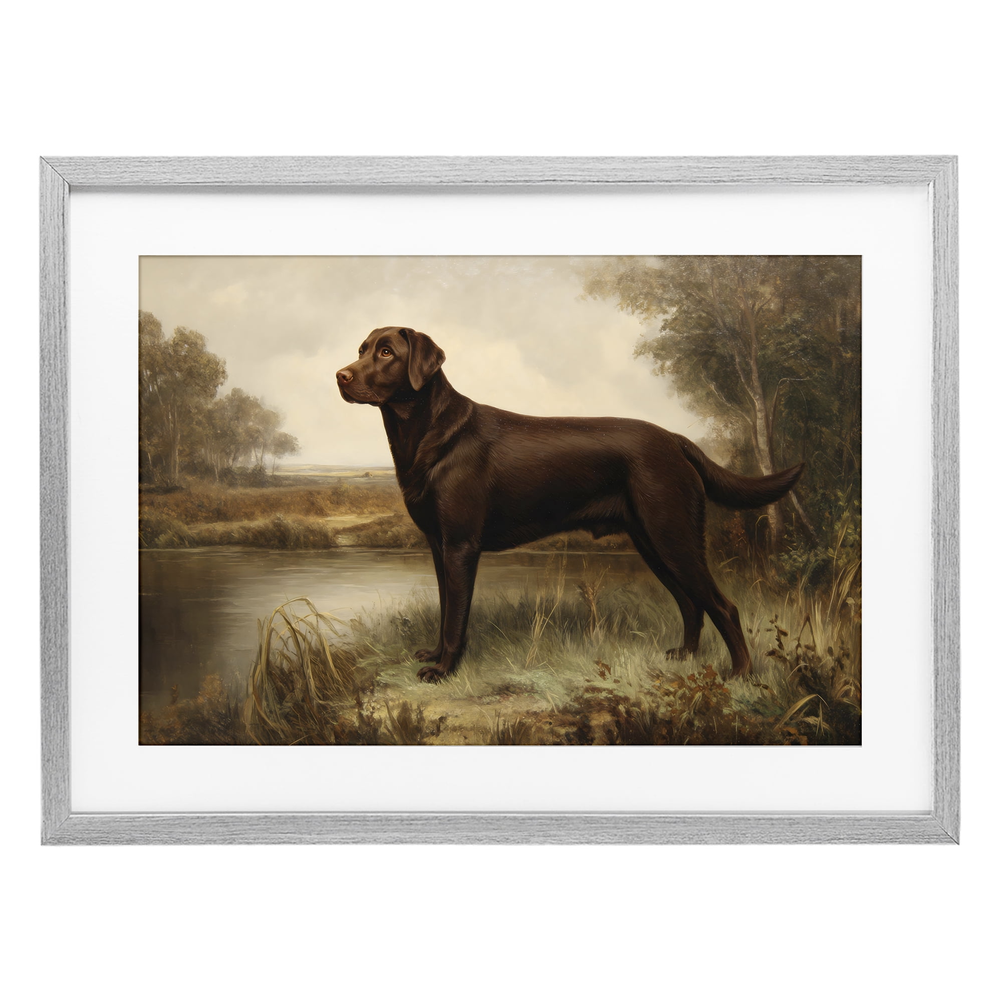 Stupell Industries Brown Lab By The River Gray Framed Print Under Glass, design by Petal Prints Design