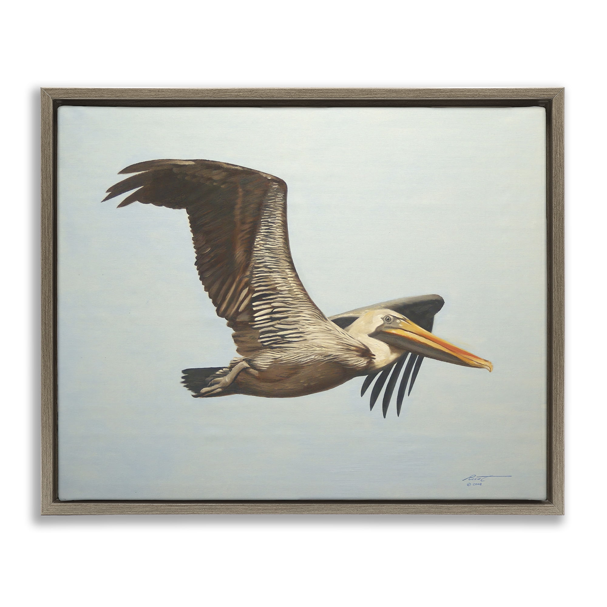 Stupell Industries Brown Pelican in Flight Animals & Insects Painting Brown Floater Framed Canvas Art Print Wall Art, 31 x 25