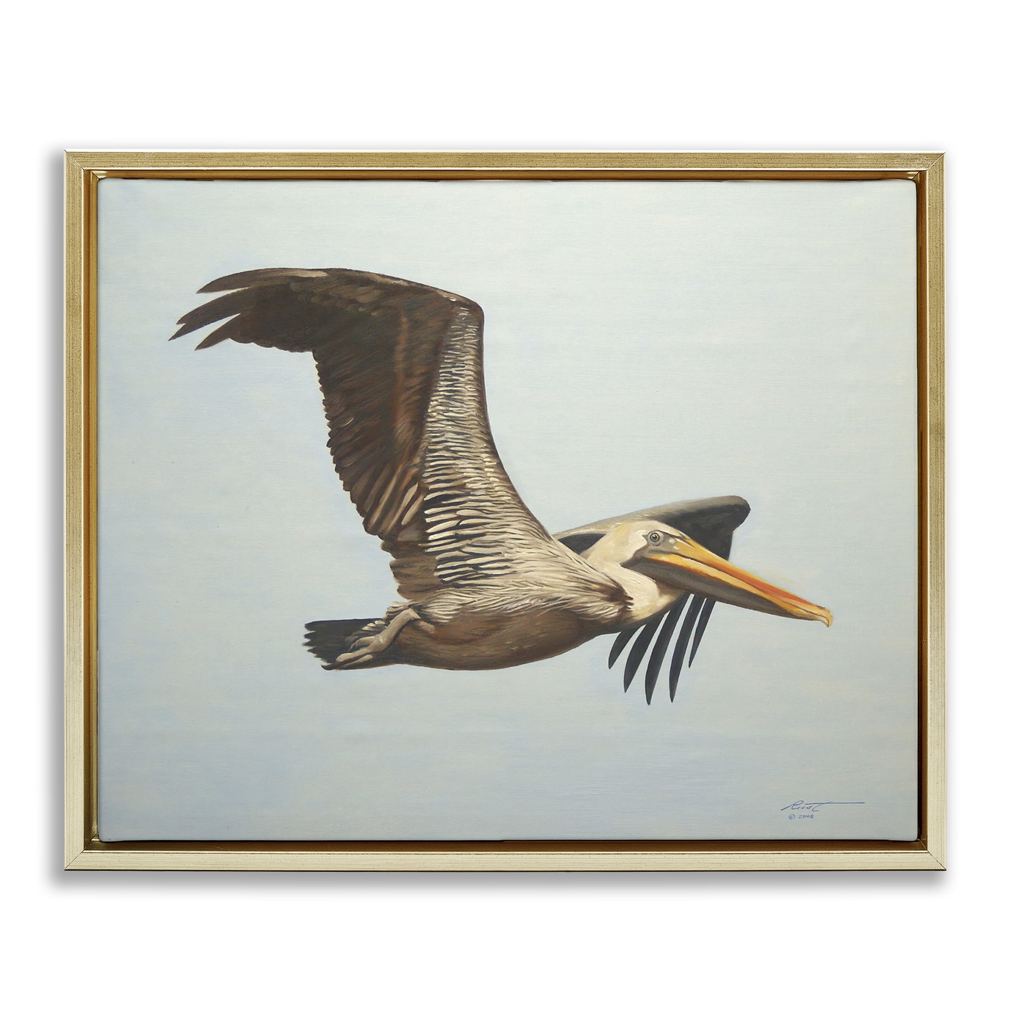Stupell Industries Brown Pelican in Flight Animals & Insects Painting Gold Floater Framed Canvas Art Print Wall Art, 21 x 17