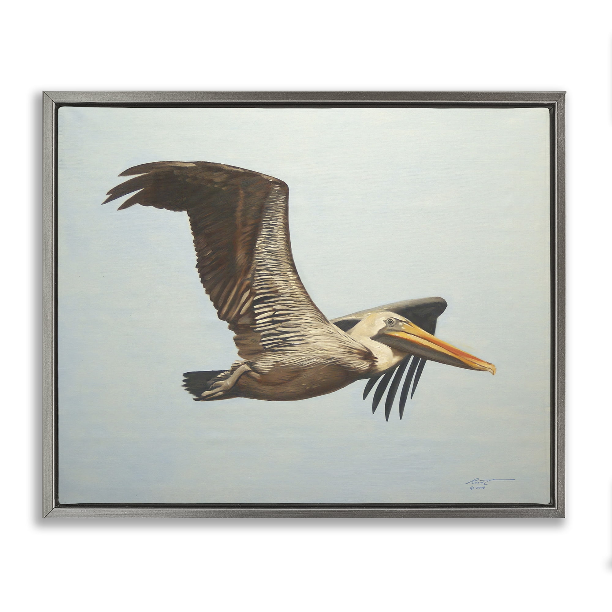 Stupell Industries Brown Pelican in Flight Animals & Insects Painting Gray Floater Framed Canvas Art Print Wall Art, 31 x 25