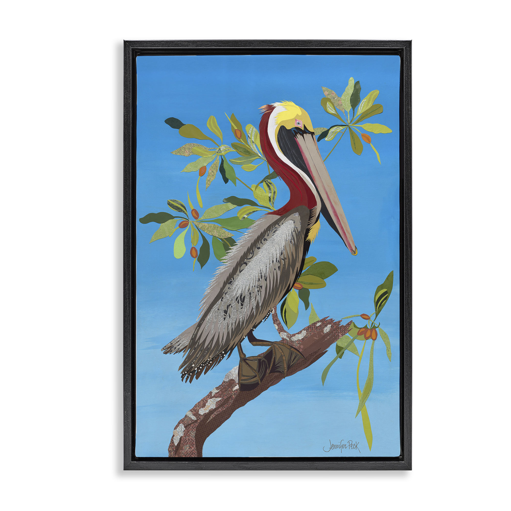 Stupell Industries Brown Pelican on Tree Animals & Insects Painting Black Floater Framed Canvas Art Print Wall Art, 21 x 31