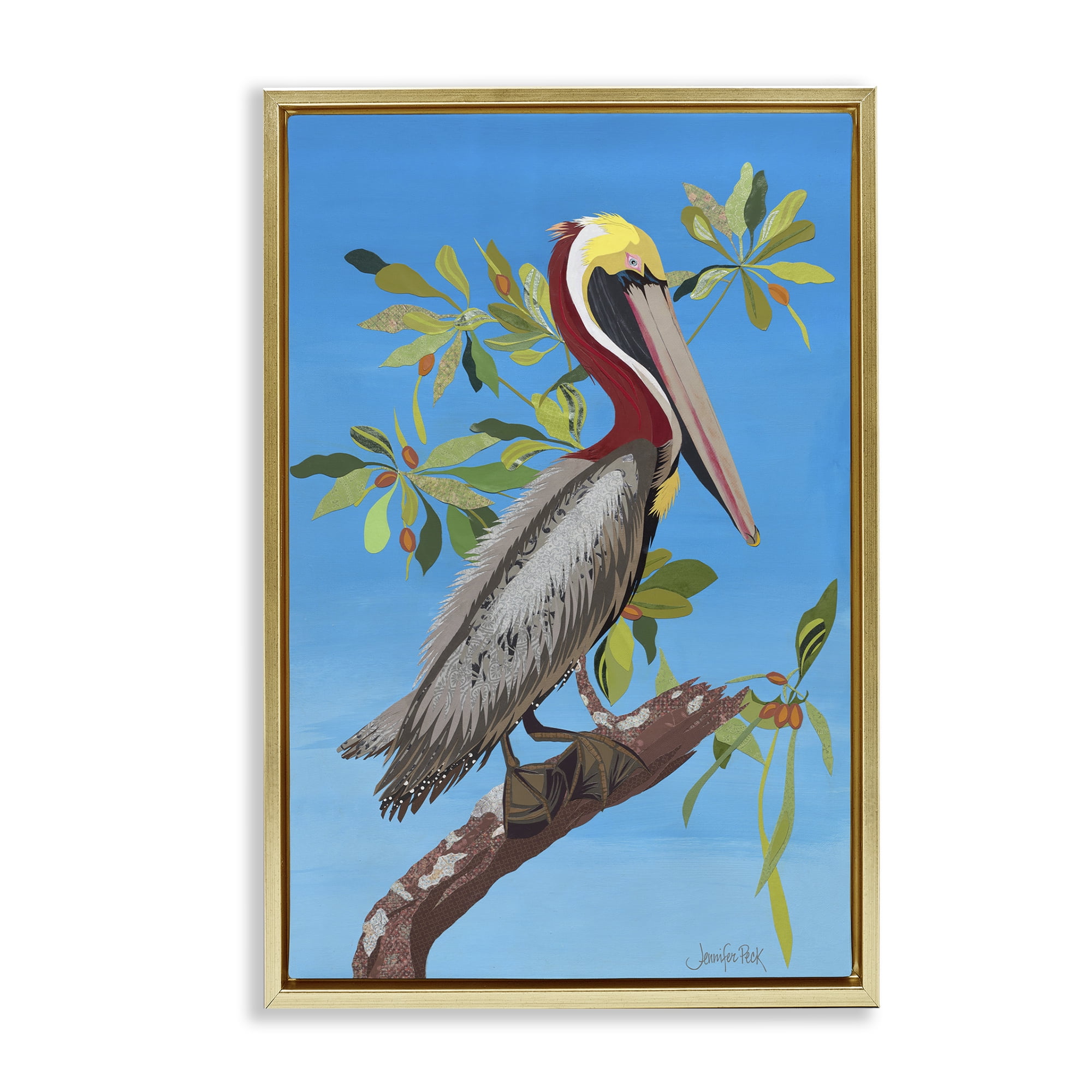 Stupell Industries Brown Pelican on Tree Animals & Insects Painting Gold Floater Framed Canvas Art Print Wall Art, 17 x 25