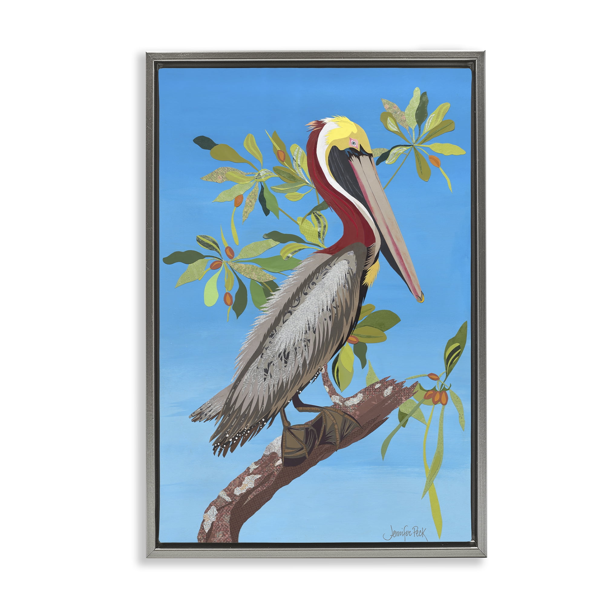 Stupell Industries Brown Pelican on Tree Animals & Insects Painting Gray Floater Framed Canvas Art Print Wall Art, 21 x 31