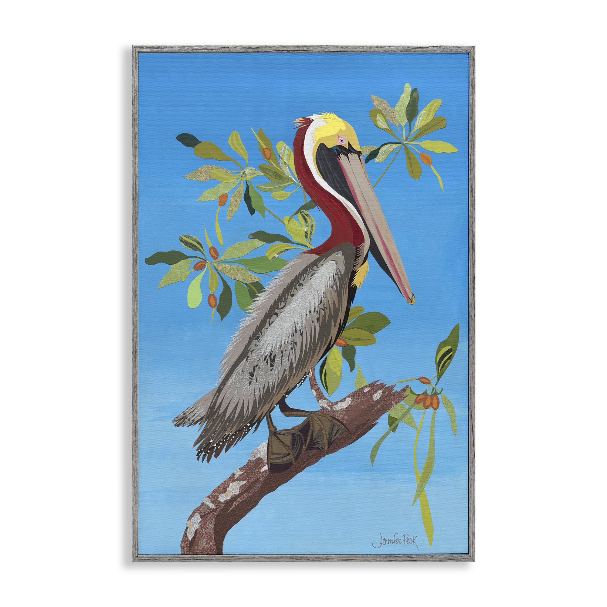 Stupell Industries Brown Pelican on Tree Animals & Insects Painting Gray Framed Art Print Wall Art, 20 x 30