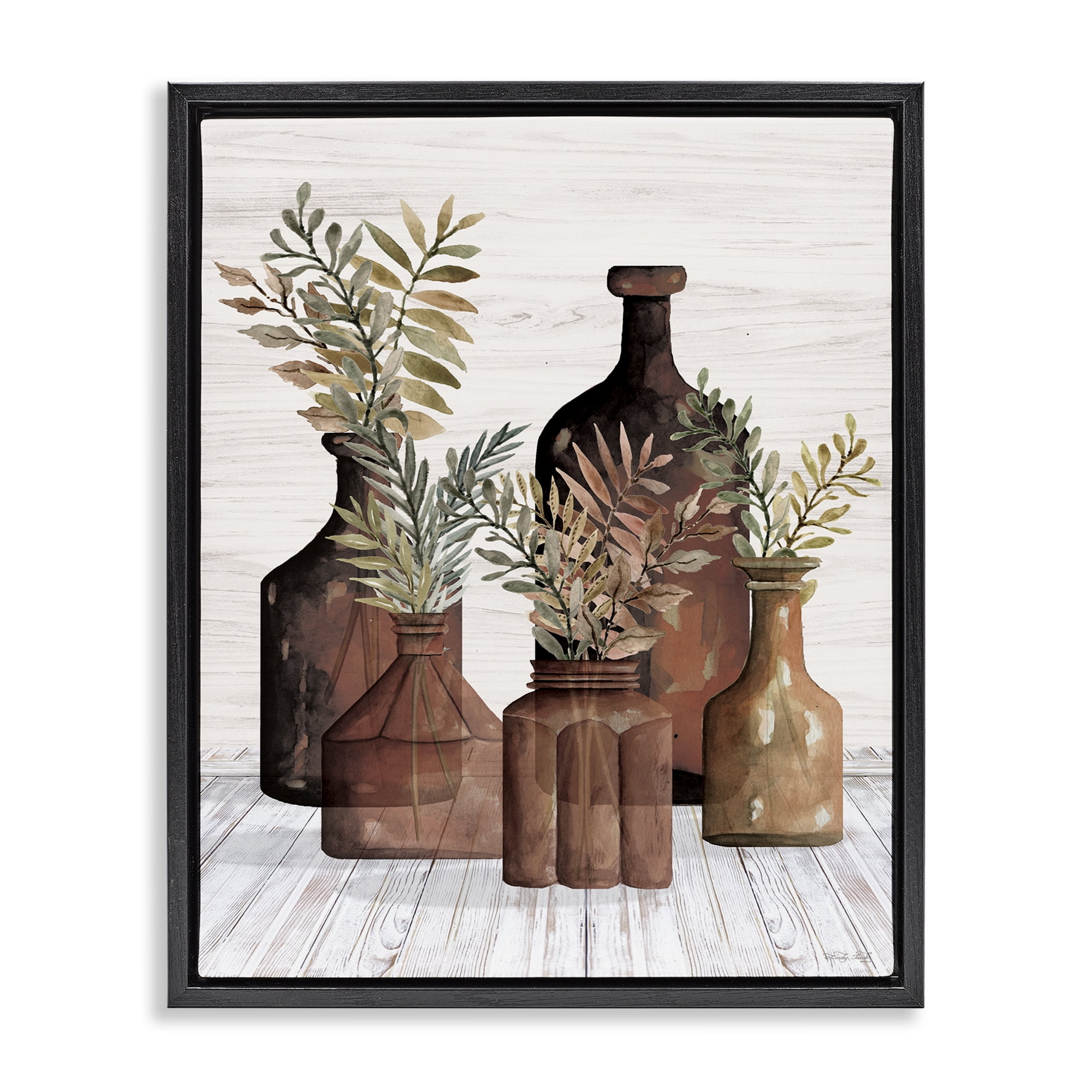Stupell Industries Brown Pottery Botanicals Plants & Flowers Painting Black Floater Framed Canvas Art Print Wall Art, 25 x 31