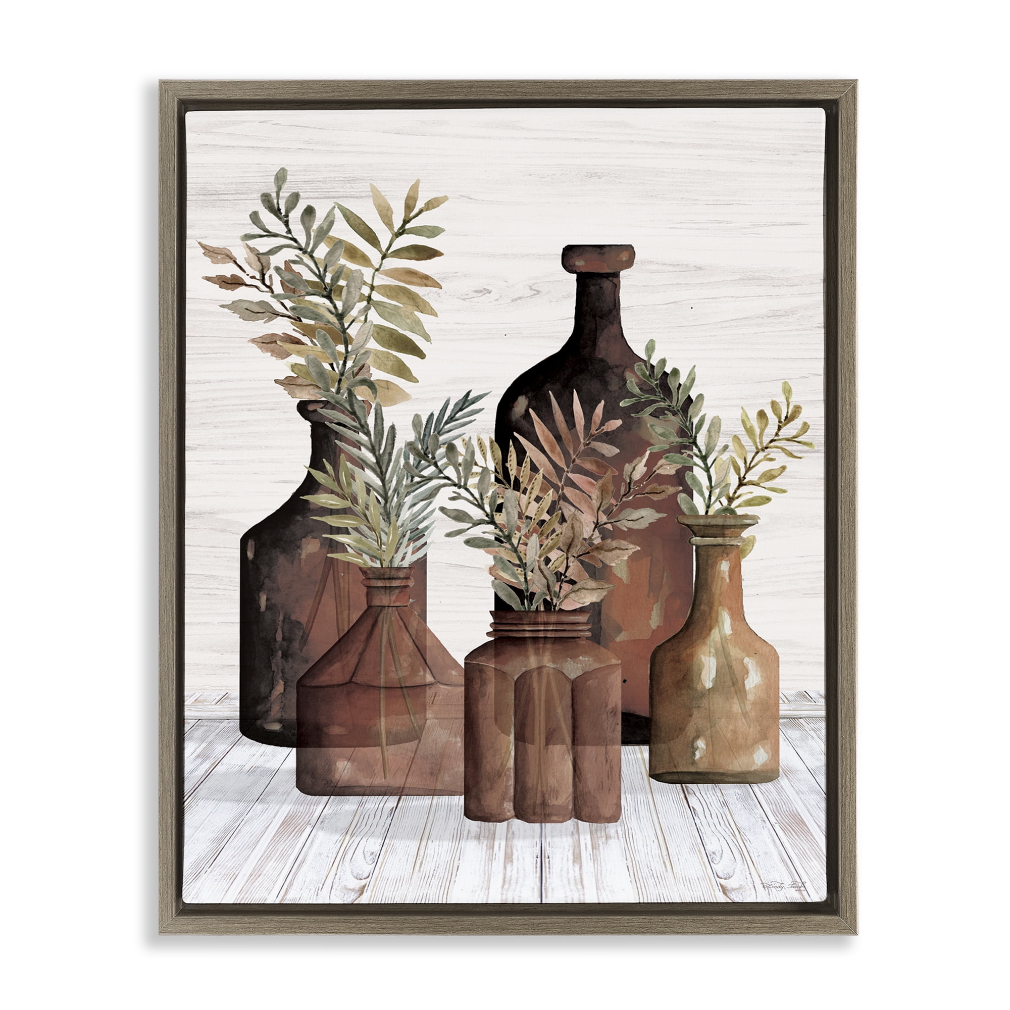 Stupell Industries Brown Pottery Botanicals Plants & Flowers Painting Brown Floater Framed Canvas Art Print Wall Art, 17 x 21
