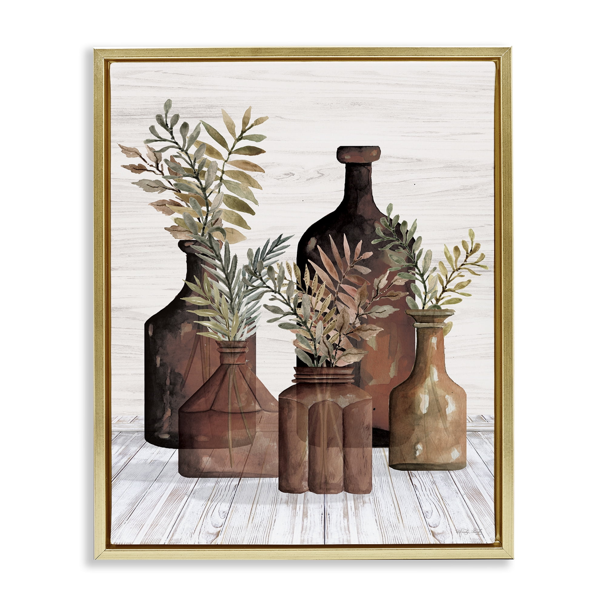 Stupell Industries Brown Pottery Botanicals Plants & Flowers Painting Gold Floater Framed Canvas Art Print Wall Art, 17 x 21