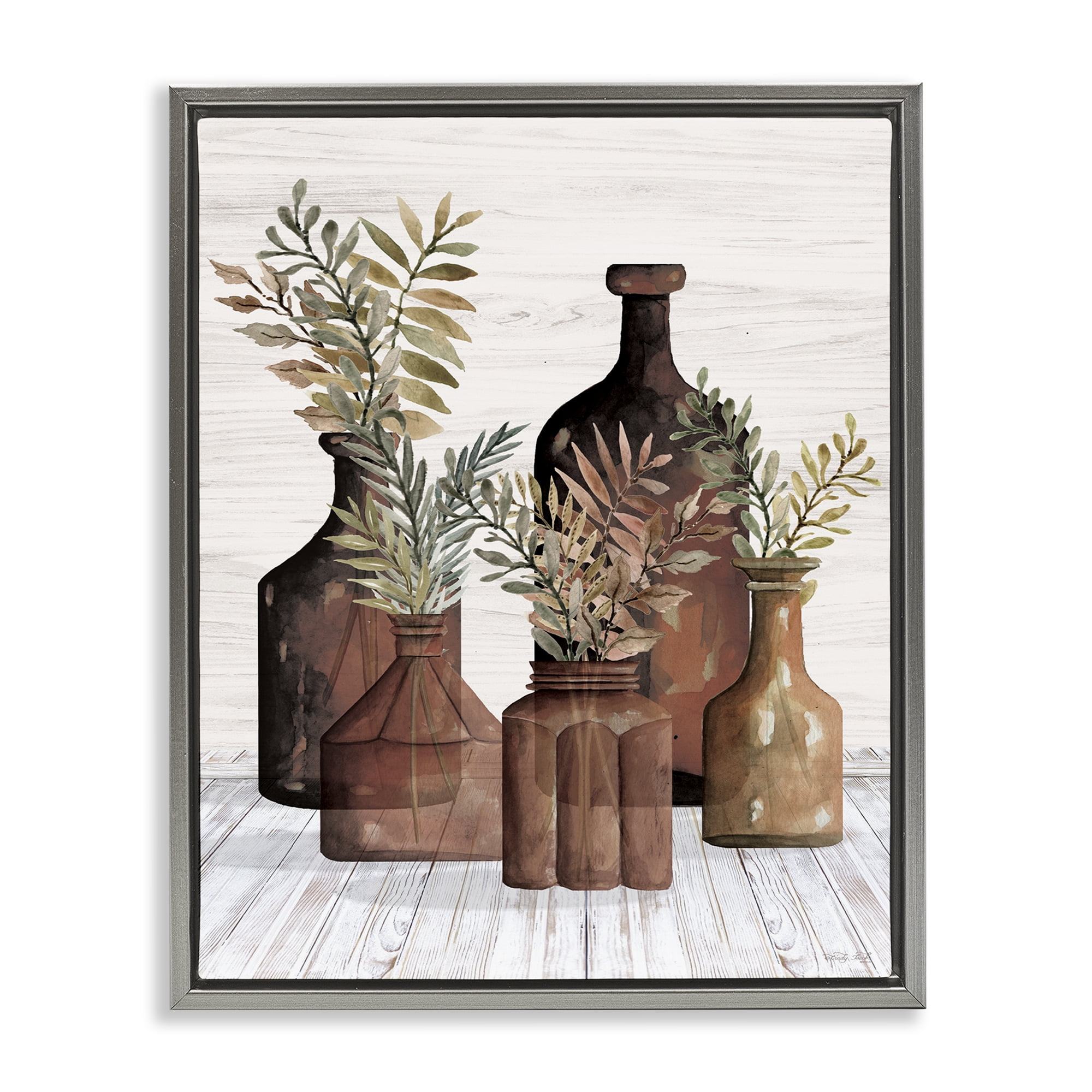 Stupell Industries Brown Pottery Botanicals Plants & Flowers Painting Gray Floater Framed Canvas Art Print Wall Art, 17 x 21