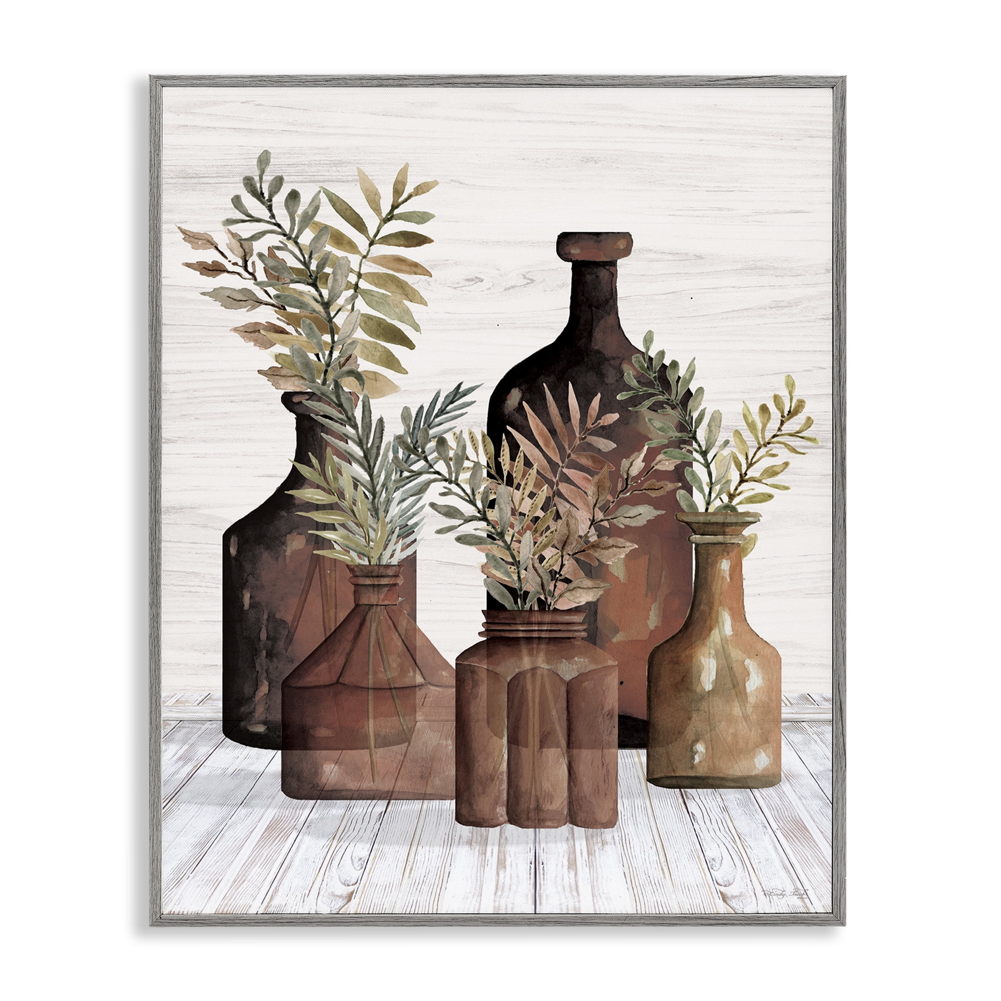 Stupell Industries Brown Pottery Botanicals Plants & Flowers Painting Gray Framed Art Print Wall Art, 11 x 14