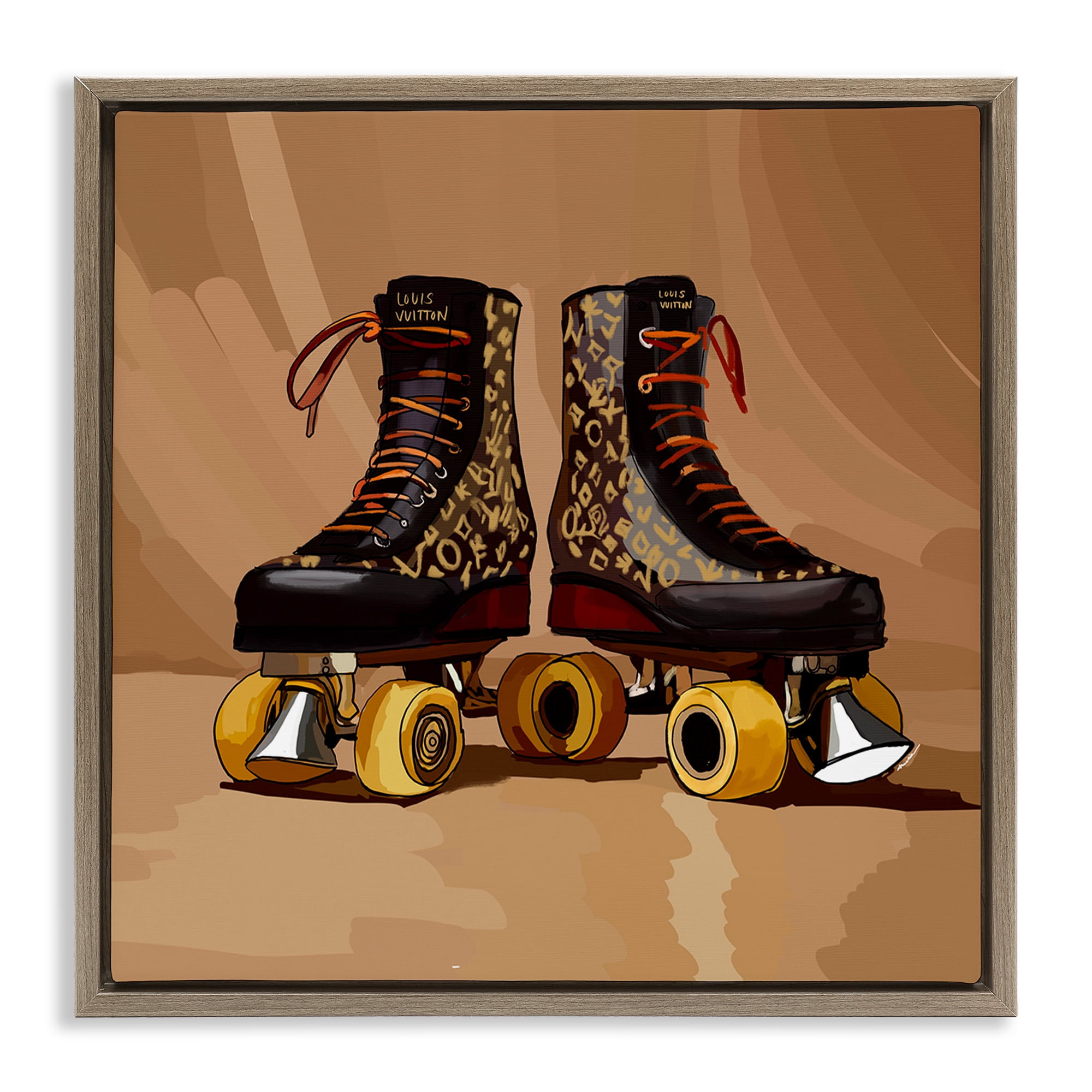 Stupell Industries Brown Roller Skates Sports Painting Brown Floater Framed Art Print Wall Art, 18 x 18