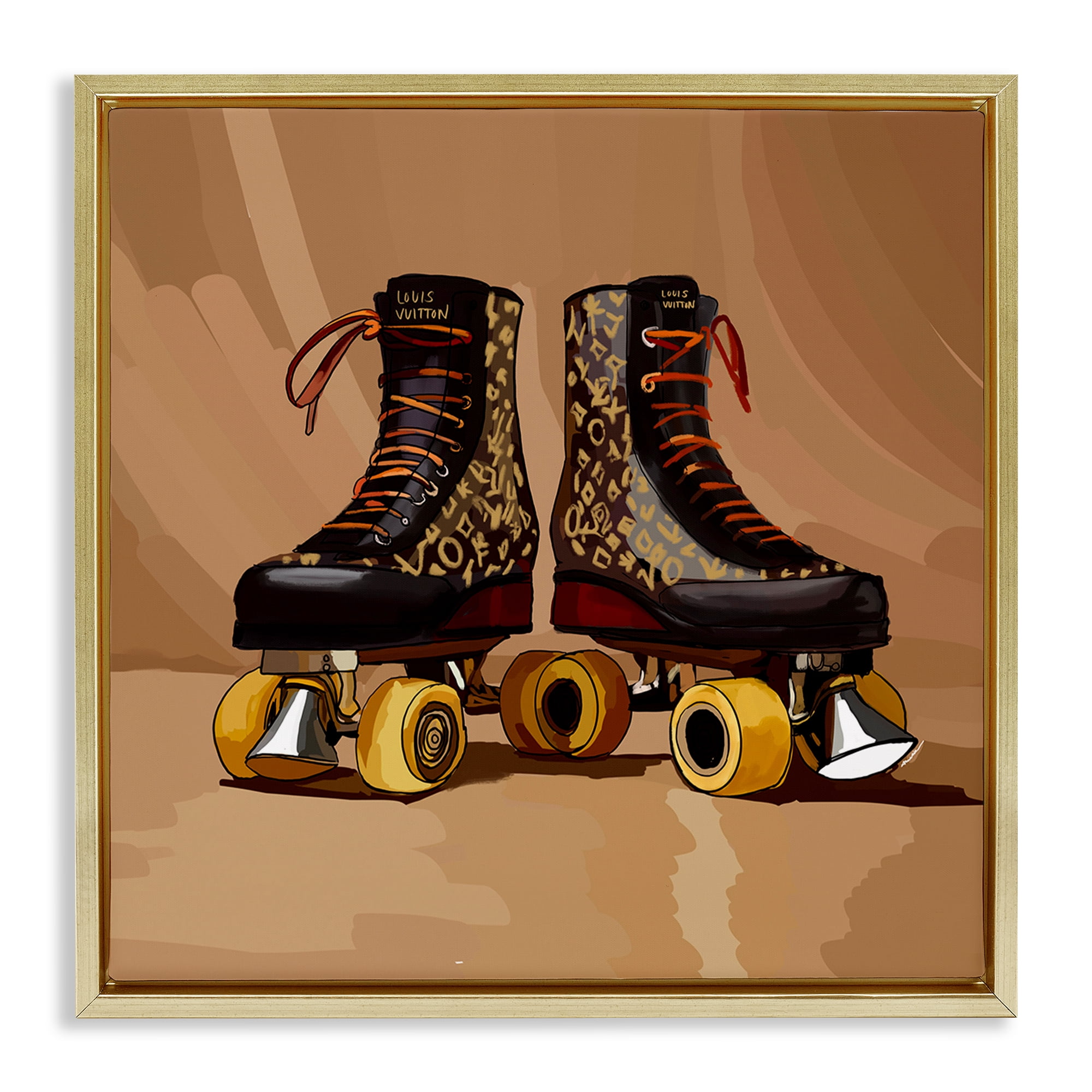 Stupell Industries Brown Roller Skates Sports Painting Gold Floater Framed Art Print Wall Art, 25 x 25