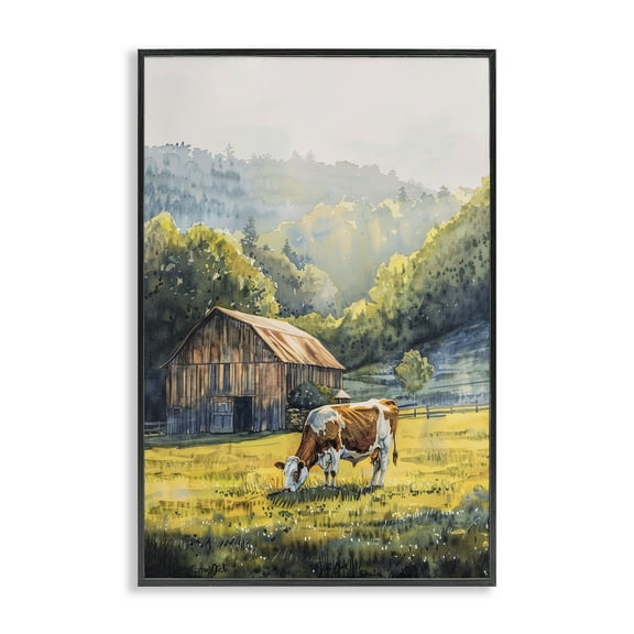 Stupell Industries Brown Spotted Cow Grazing Landscape & Nature Painting Black Framed Art Print Wall Art, 20 x 30