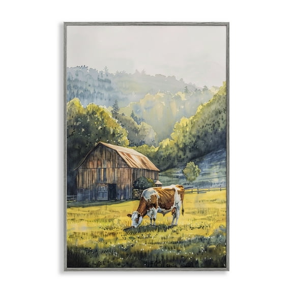 Stupell Industries Brown Spotted Cow Grazing Landscape & Nature Painting Gray Framed Art Print Wall Art, 16 x 24