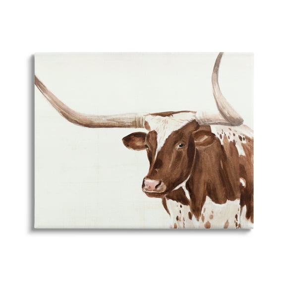 Brown Spotted Longhorn Cow Cattle Farm Illustration Animals & Insects Painting Gallery-Wrapped Canvas Print Wall Art