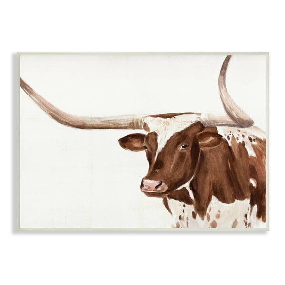 Stupell Industries Brown Spotted Longhorn Cow Cattle Farm Illustration Wood Wall Art, 19 x 13, Design by Annie Warren