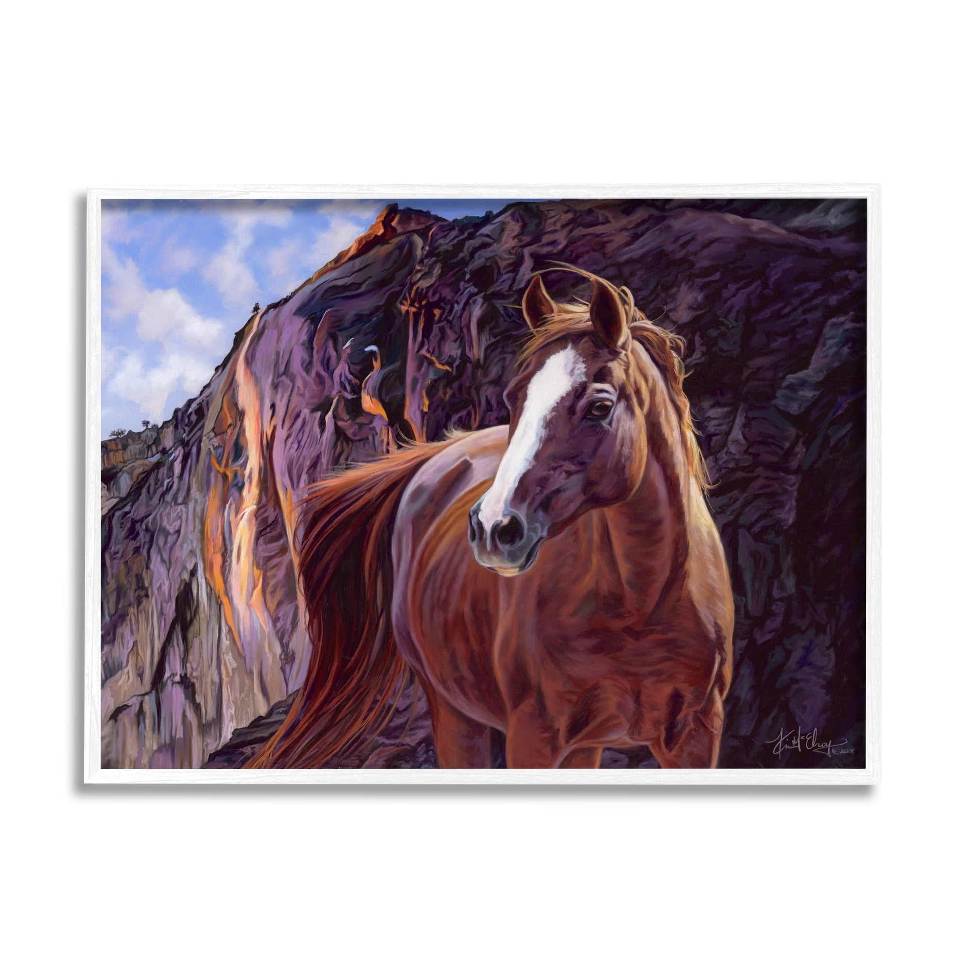 Brown Stallion Landscape Canvas Print with White Frame