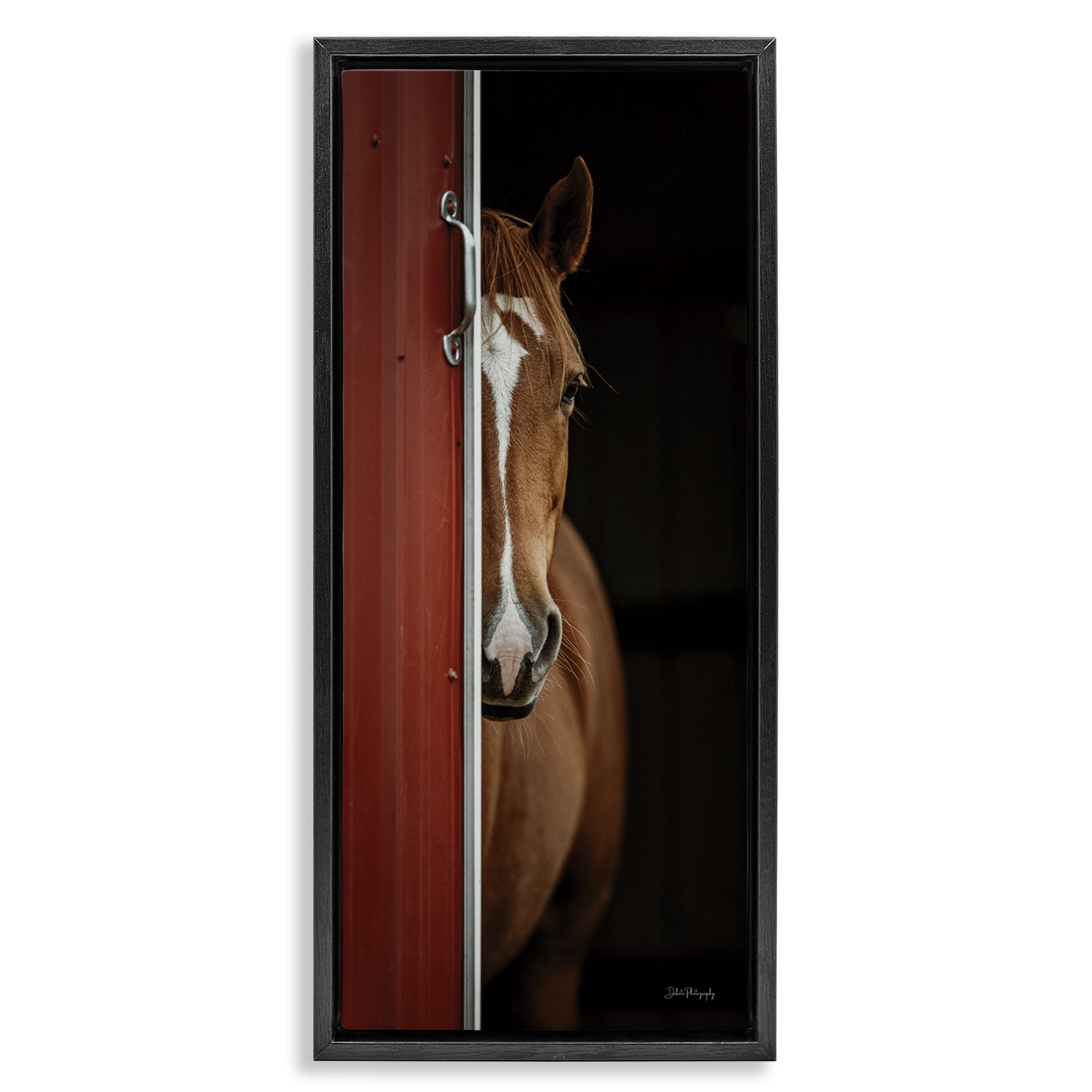 Stupell Industries Brown Stallion Peeking Animals & Insects Photography Black Floater Framed Canvas Art Print Wall Art, 15 x 31