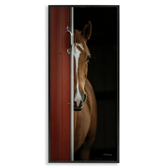 Stupell Industries Brown Stallion Peeking Animals & Insects Photography Black Framed Art Print Wall Art, 10 x 24