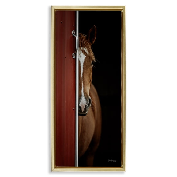Stupell Industries Brown Stallion Peeking Animals & Insects Photography Gold Floater Framed Canvas Art Print Wall Art, 11 x 25