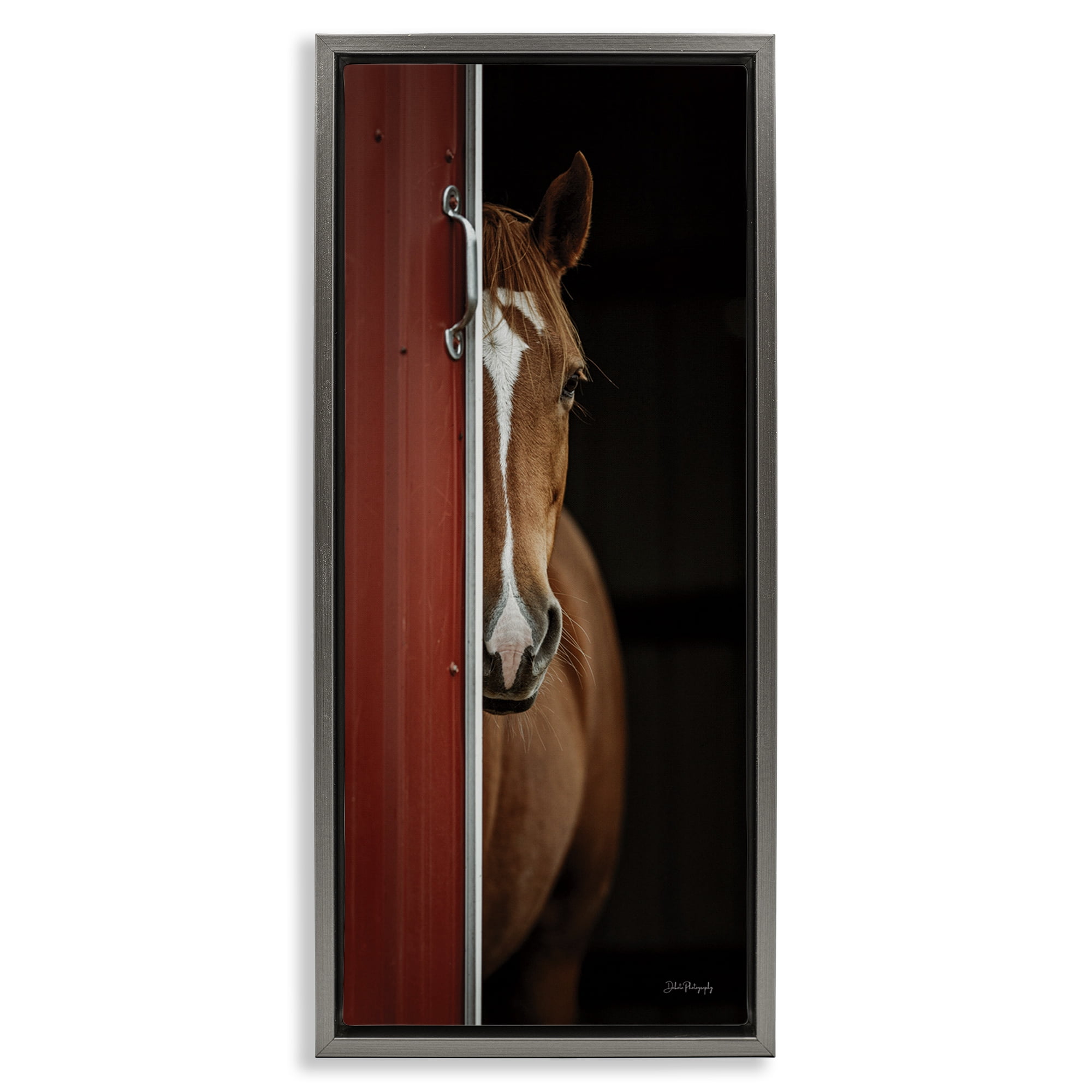 Stupell Industries Brown Stallion Peeking Animals & Insects Photography Gray Floater Framed Canvas Art Print Wall Art, 11 x 25