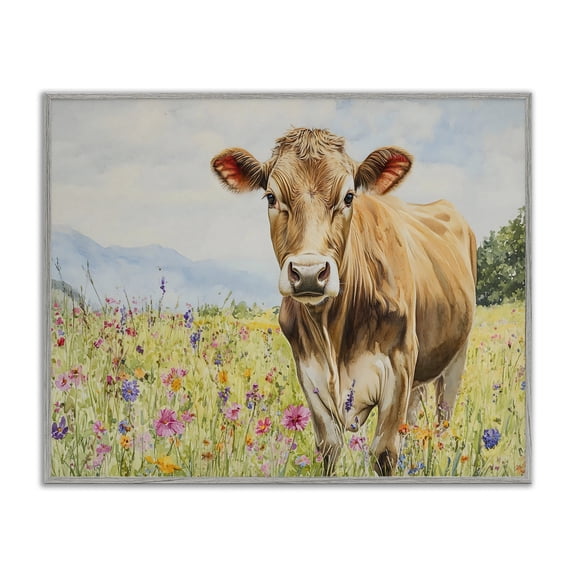Stupell Industries Brown Swiss Cow in Meadow Animals Painting Gray Framed Art Print Wall Art, 14 x 11