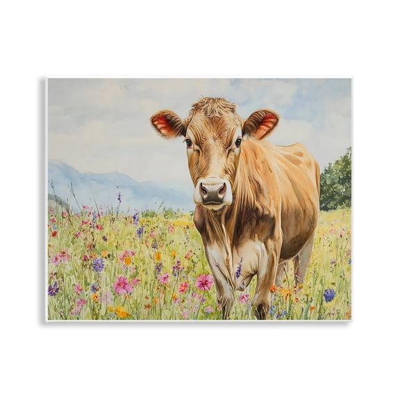 Stupell Industries Brown Swiss Cow in Meadow Animals Painting Unframed Art Print Wall Art, 14 x 11
