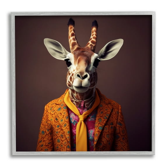 Stupell Industries Brown Vintage Fashion Giraffe Animals & Insects Painting Gray Framed Art Print Wall Art, 17 x 17