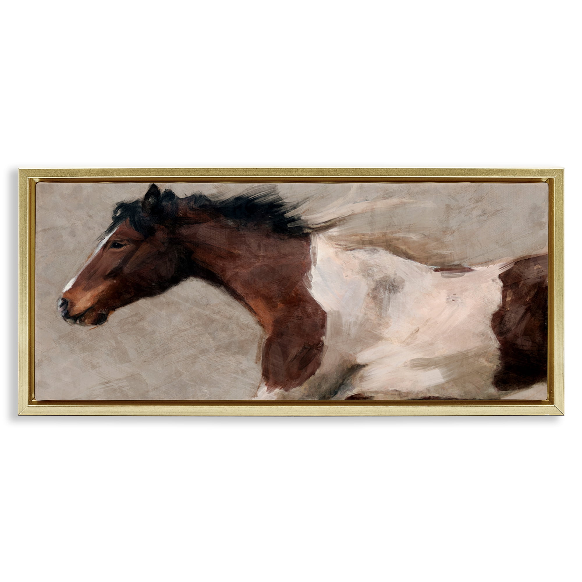 Stupell Industries Brown & White Horse Animals & Insects Painting Gold Floater Framed Canvas Art Print Wall Art, 31 x 14