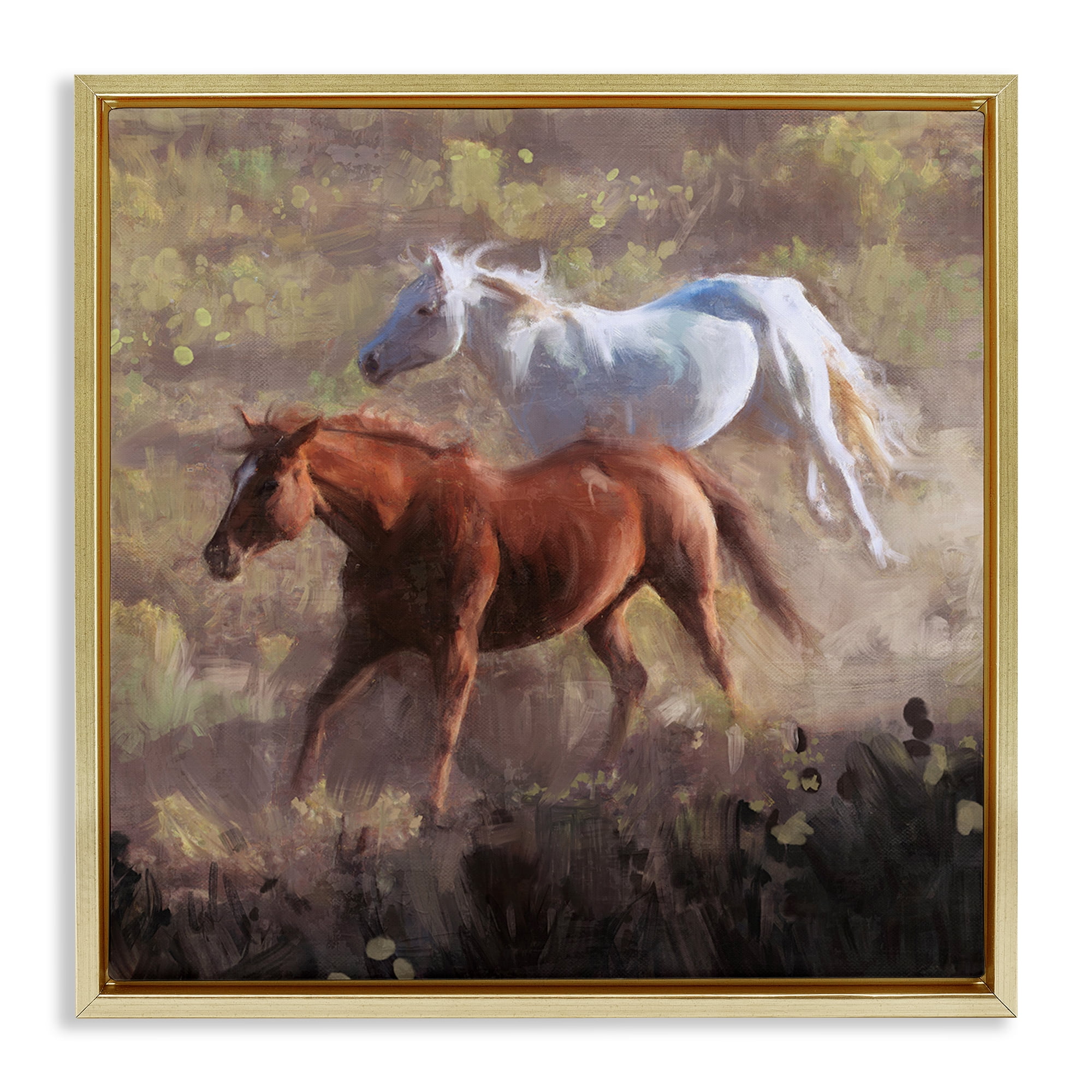 Stupell Industries Brown & White Wild Horses Animals & Insects Painting Gold Floater Framed Canvas Art Print Wall Art, 18 x 18