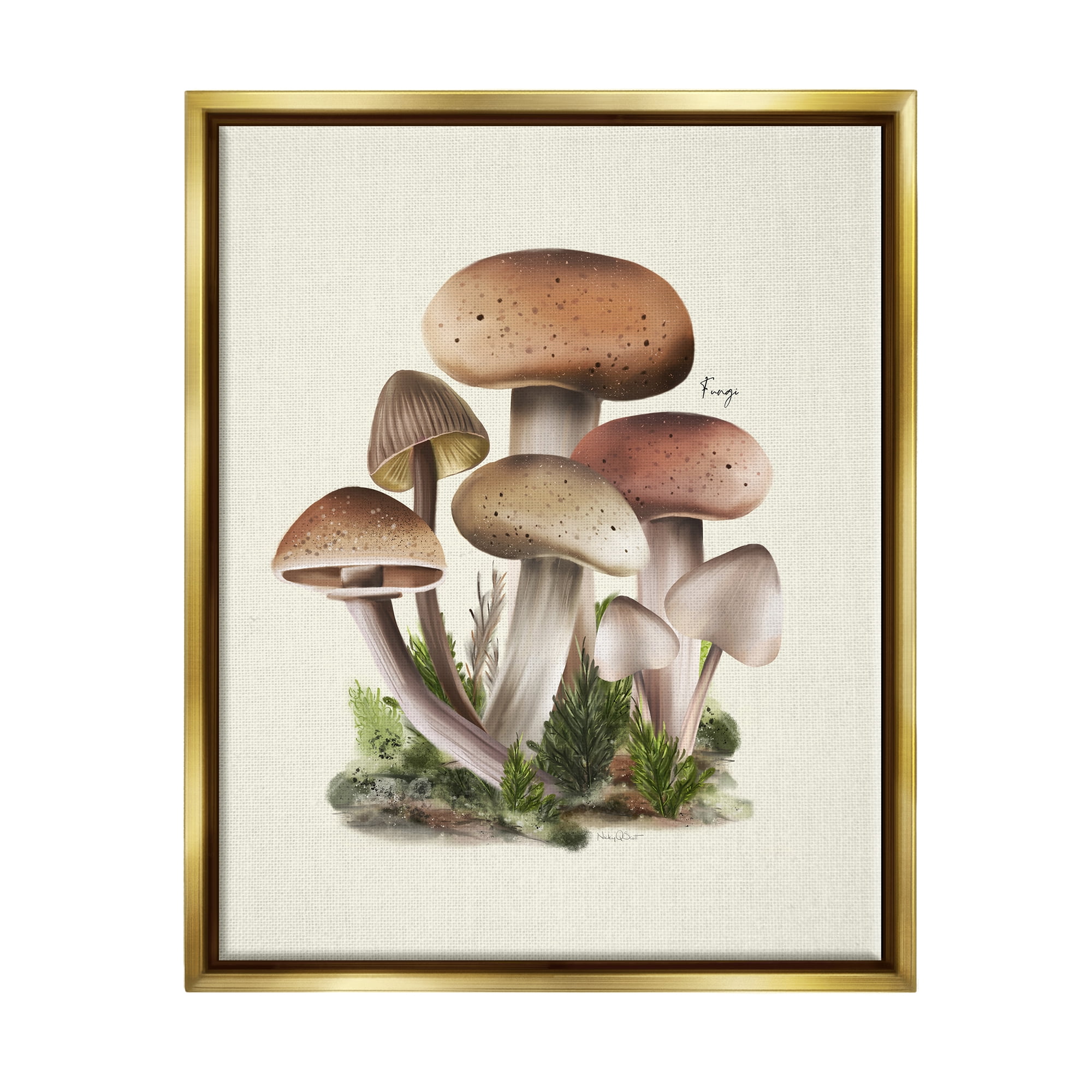 Stupell Industries Brown Woodland Mushrooms Botanical & Floral Painting Gold Floater Framed Canvas Art Print Wall Art, 25 x 31