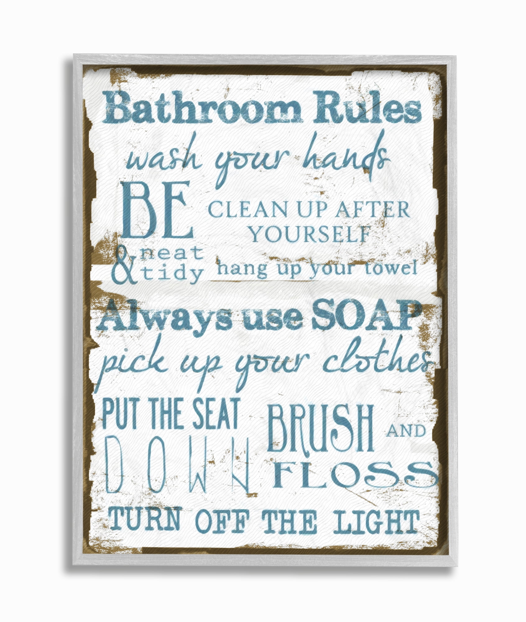 Stupell Industries Brown and Blue Classic Bathroom Rules Graphic Art Gray Framed Art Print Wall Art, 16x20, by Taylor Greene