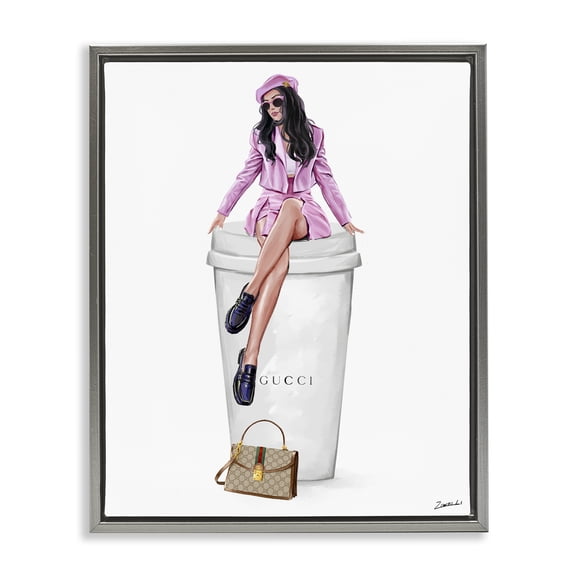 Stupell Industries Brunch Coffee Fashionista People Painting Gray Floater Framed Canvas Art Print Wall Art, 25 x 31