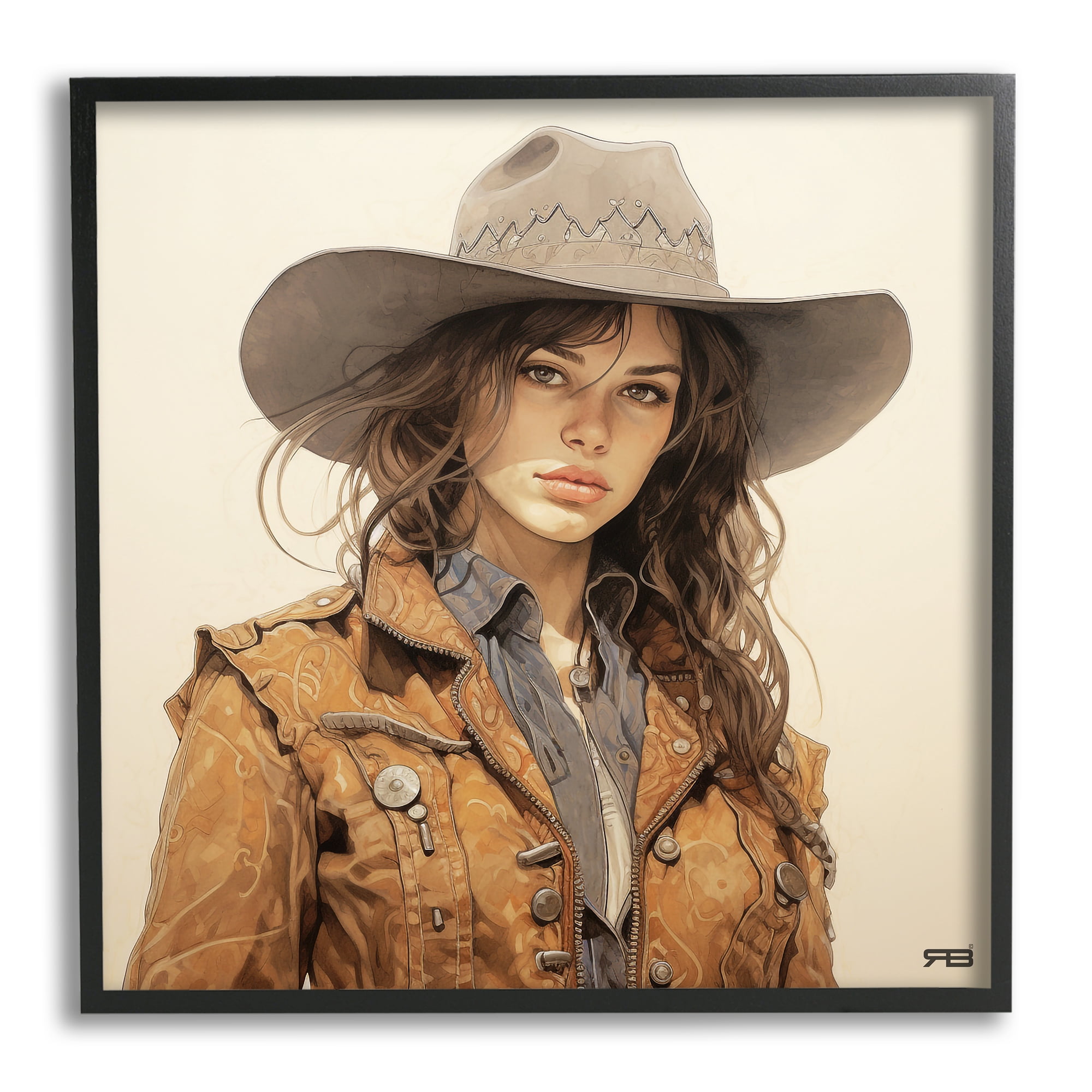 Stupell Industries Brunette Cowgirl on Beige Abstract Painting Black Framed Art Print Wall Art, 24 x 24