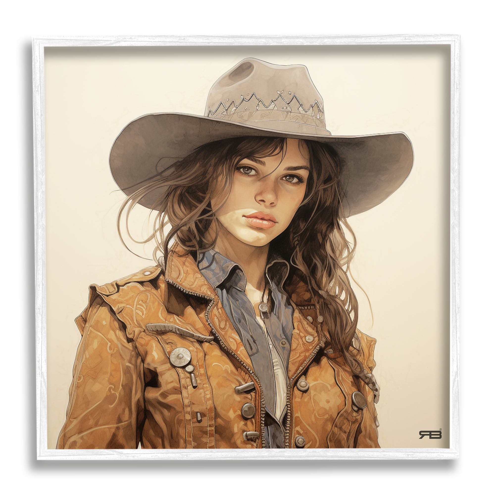 Stupell Industries Brunette Cowgirl on Beige Abstract Painting White Framed Art Print Wall Art, 12 x 12