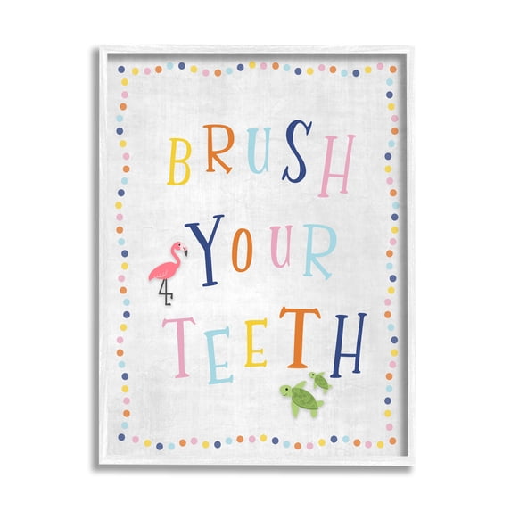 Stupell Industries Brush Your Teeth Bathroom Sign Playful Flamingo Turtle Novelty Painting White Framed Art Print Wall Art, 24 x 30, Design by Natalie Carpentieri