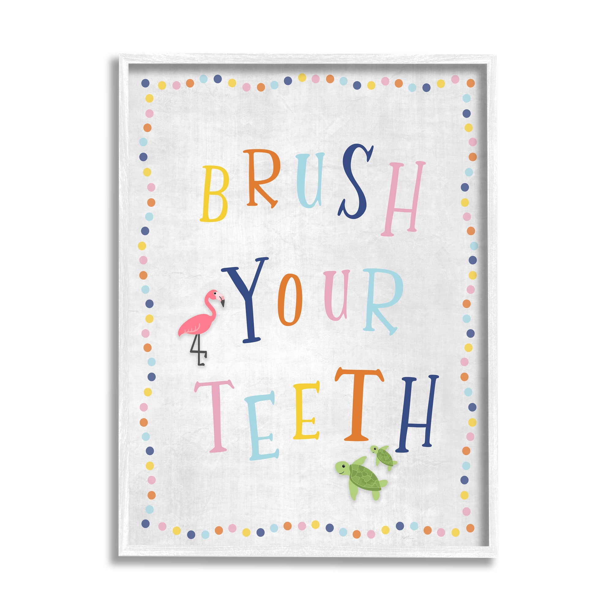 Stupell Industries Brush your Teeth Bathroom Sign Playful Flamingo Turtle Novelty Painting White framed Art Print Wall Art, 16 x 20, Design by Natalie Carpentieri