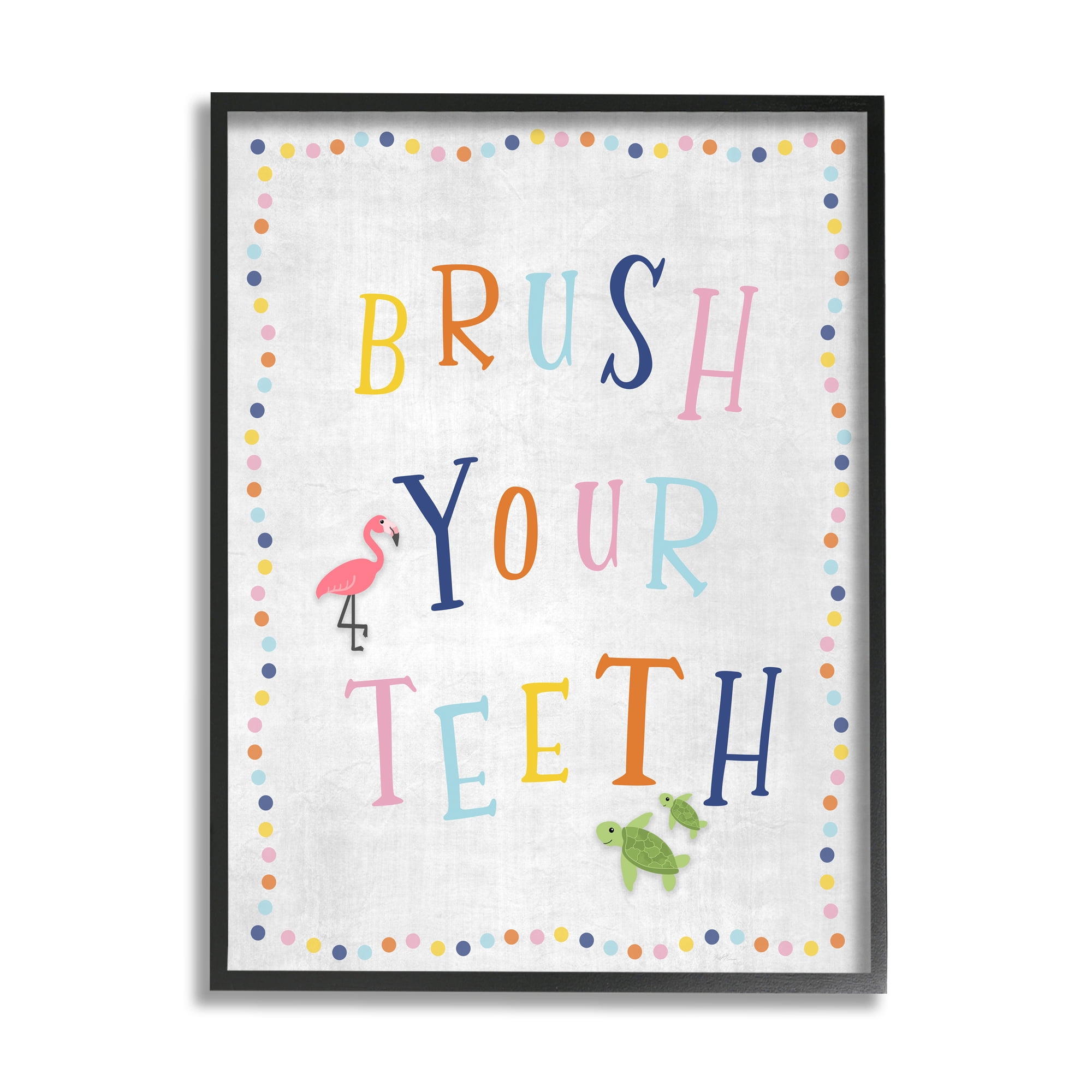 Stupell Industries Brush Your Teeth Bathroom Sign Playful Flamingo Turtle Typography Painting Black Framed Art Print Wall Art, 24 x 30