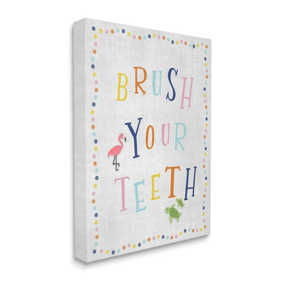 Stupell Industries Brush Your Teeth Bathroom Sign Playful Flamingo Turtle Typography Painting Gallery Wrapped Canvas Print Wall Art, 16 x 20