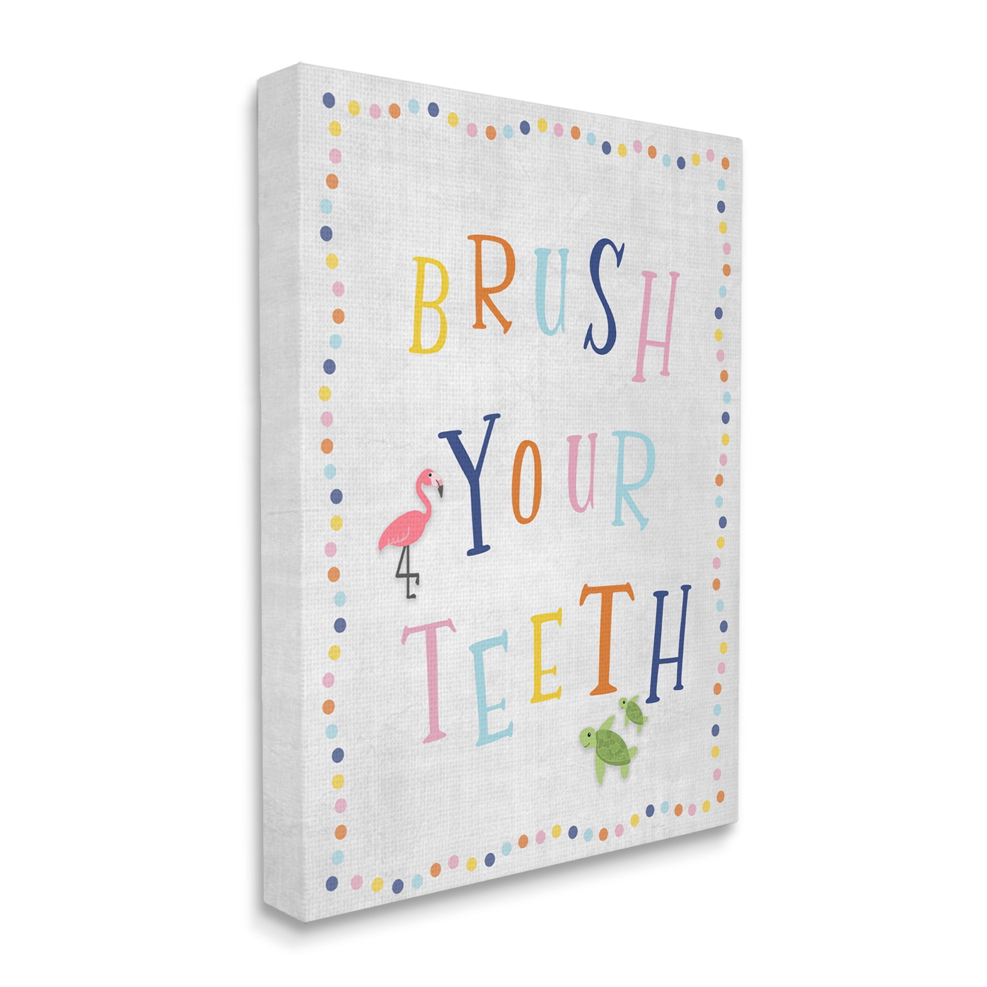 Stupell Industries Brush Your Teeth Bathroom Sign Playful Flamingo Turtle Typography Painting Gallery Wrapped Canvas Print Wall Art, 36 x 48
