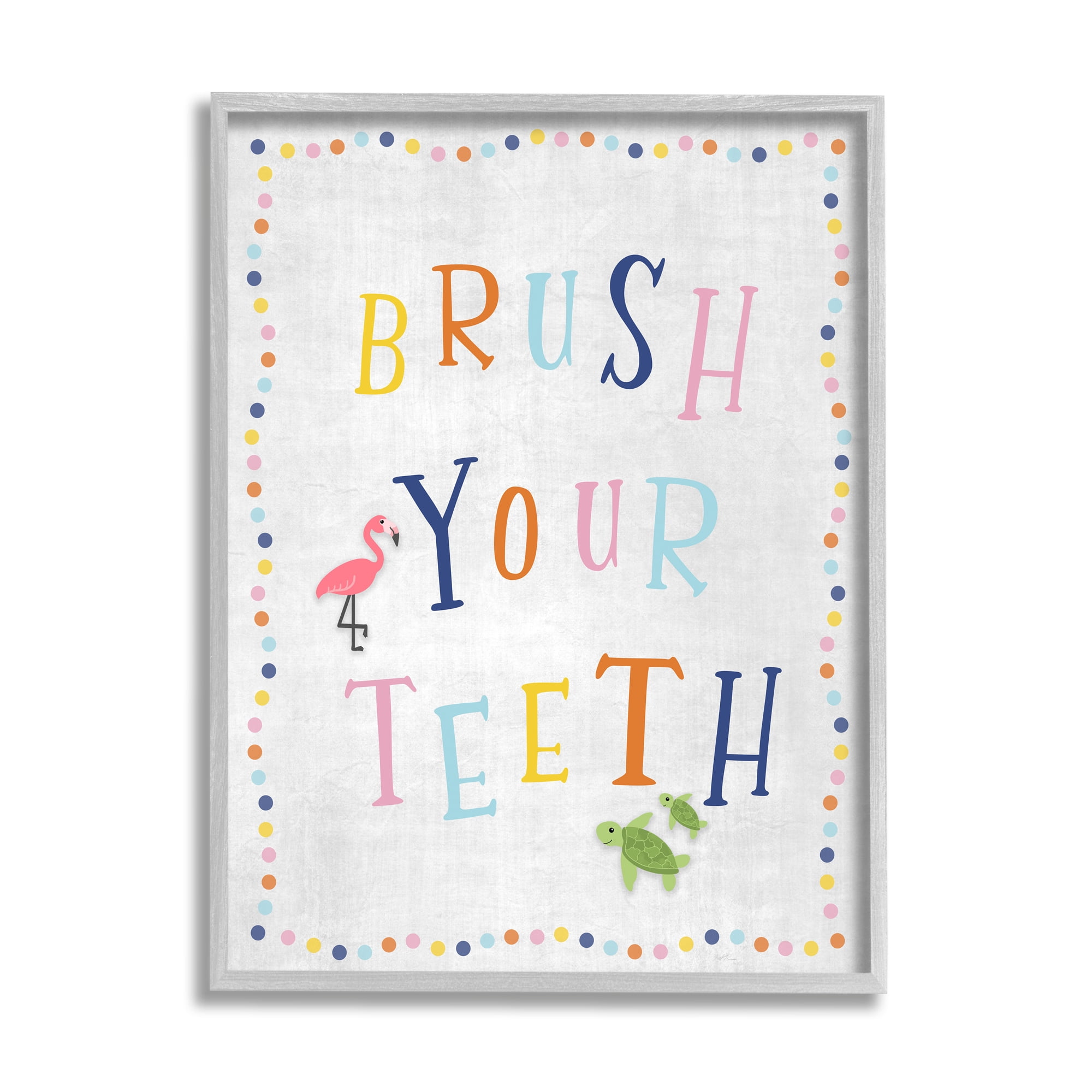 Stupell Industries Brush Your Teeth Bathroom Sign Playful Flamingo Turtle Typography Painting Gray Framed Art Print Wall Art, 16 x 20