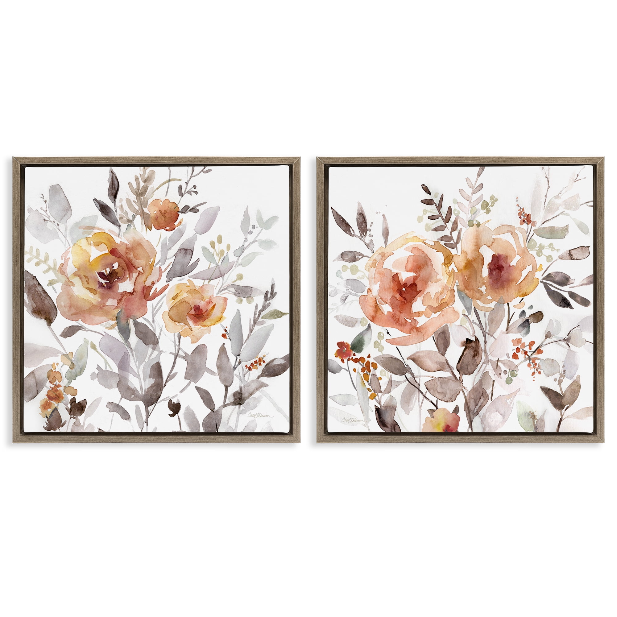 Stupell Industries Brushed Abstract Blossoms Plants & Flowers Painting Brown Floater Framed Canvas Art Print Wall Art, 18 x 18, Set of 2