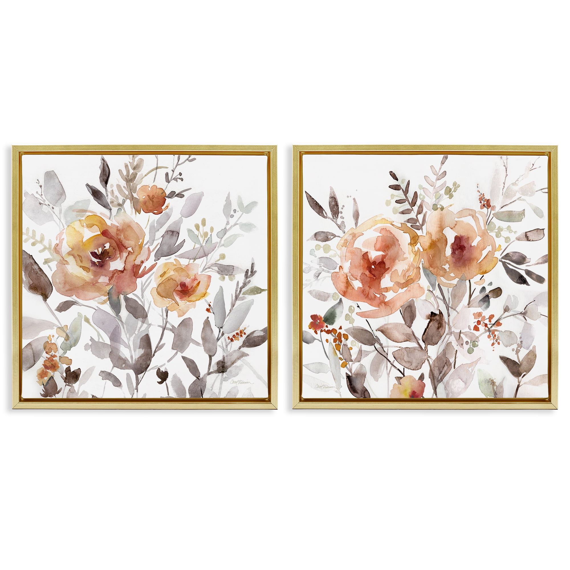 Stupell Industries Brushed Abstract Blossoms Plants & Flowers Painting Gold Floater Framed Canvas Art Print Wall Art, 18 x 18, Set of 2