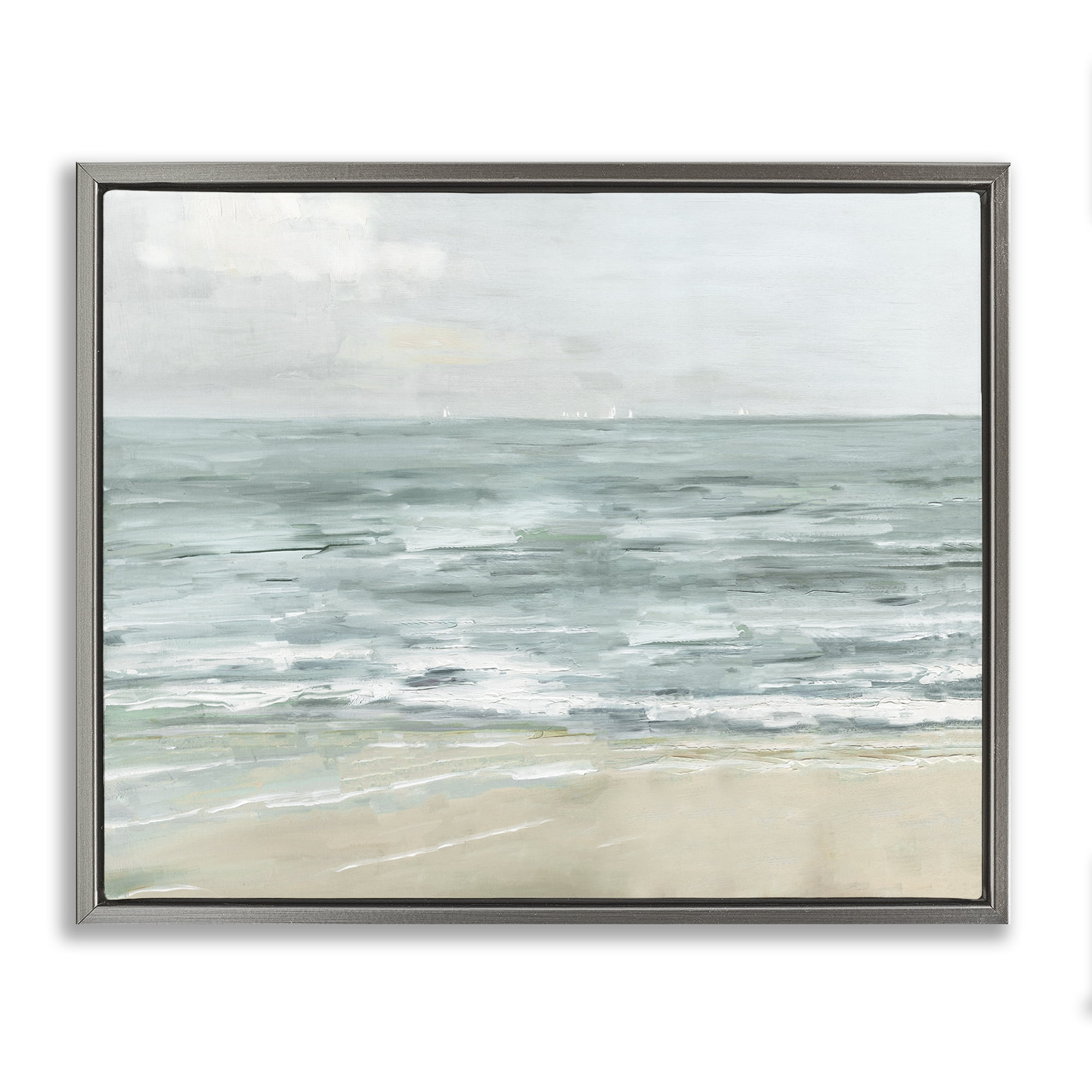Stupell Industries Brushed Beach Waves Landscape Painting Gray Floater Framed Canvas Art Print Wall Art, 21 x 17