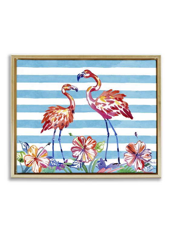 Industries Coastal Brushed Flamingos & Hibiscus Gold Floating Frame Canvas Art, 31 x 25, by Paul Brent