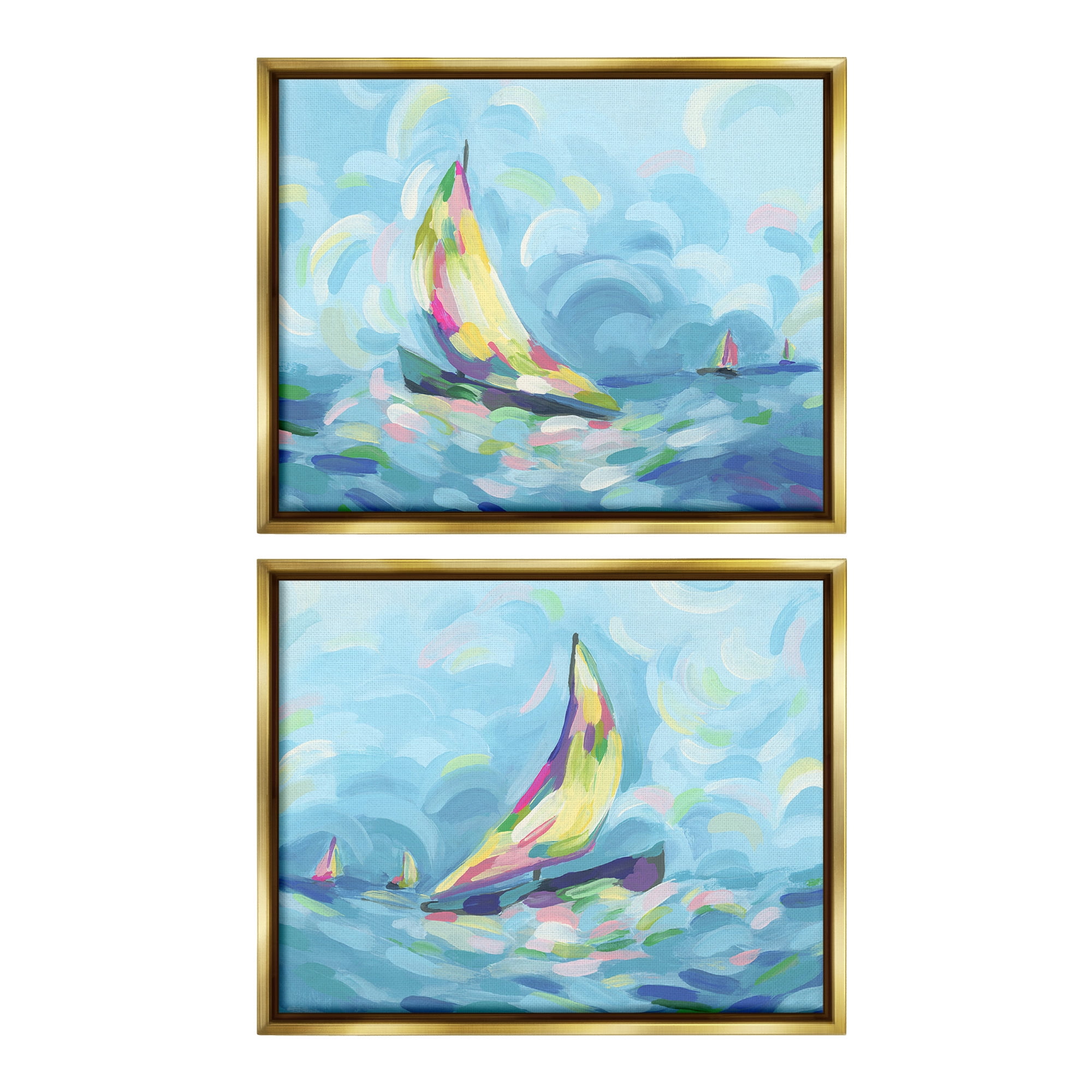 Stupell Industries Brushed Maritime Sailboats Transportation Painting Gold Floater Framed Canvas Art Print Wall Art, 31 x 25, Set of 2