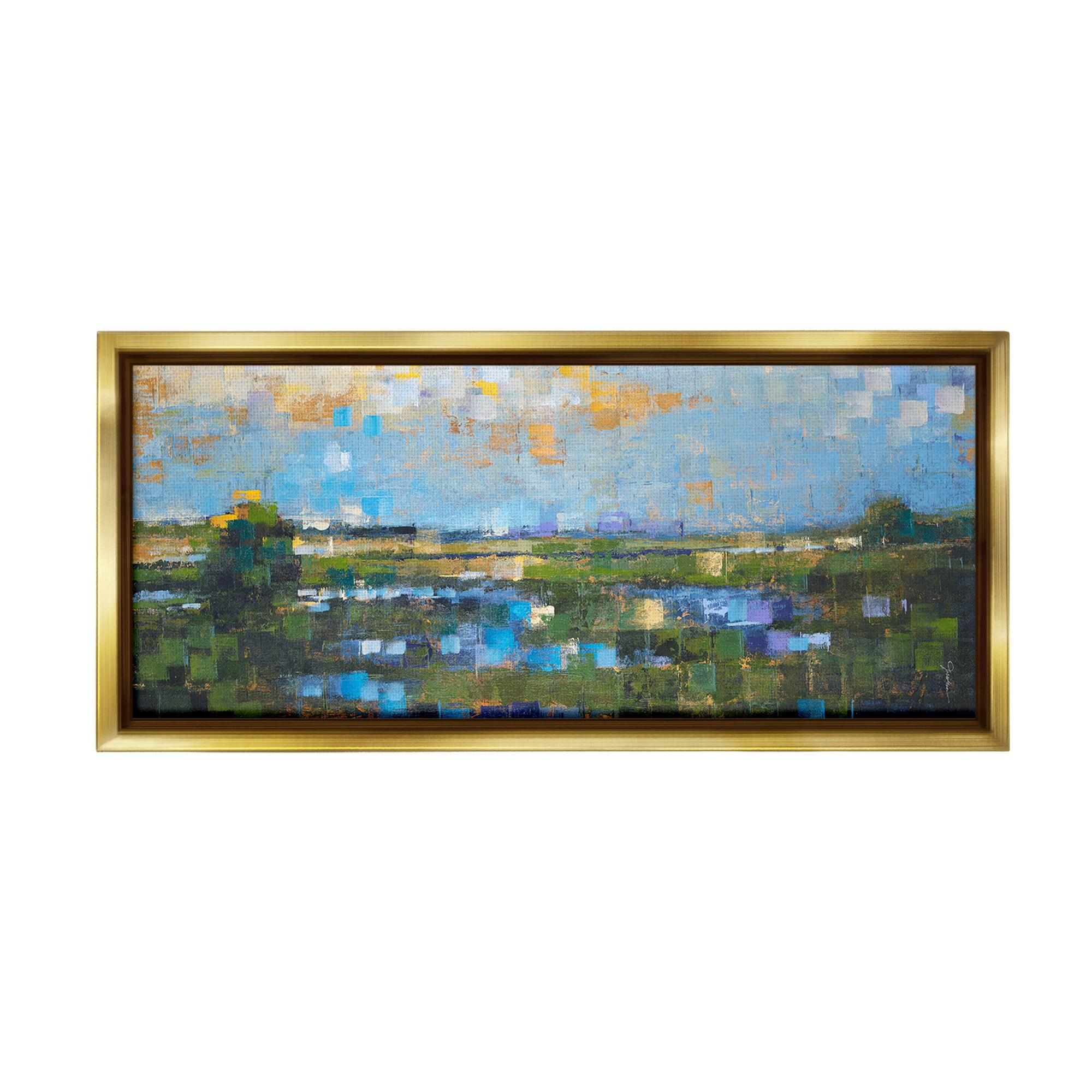 Stupell Industries Brushed River Landscape Landscape Painting Gold Floater Framed Canvas Art Print Wall Art, 25 x 11
