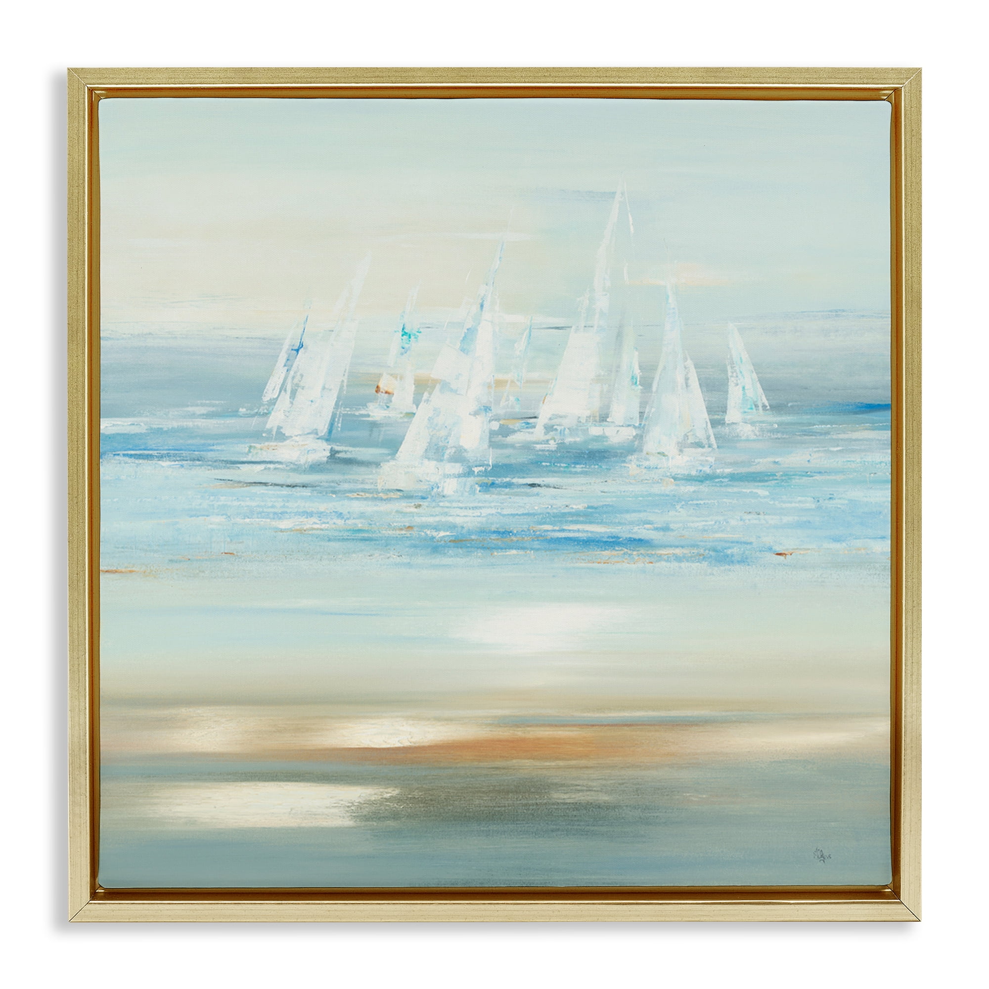 Stupell Industries Brushed Sailboat Fleet Coastal Painting Gold Floater Framed Canvas Art Print Wall Art, 25 x 25