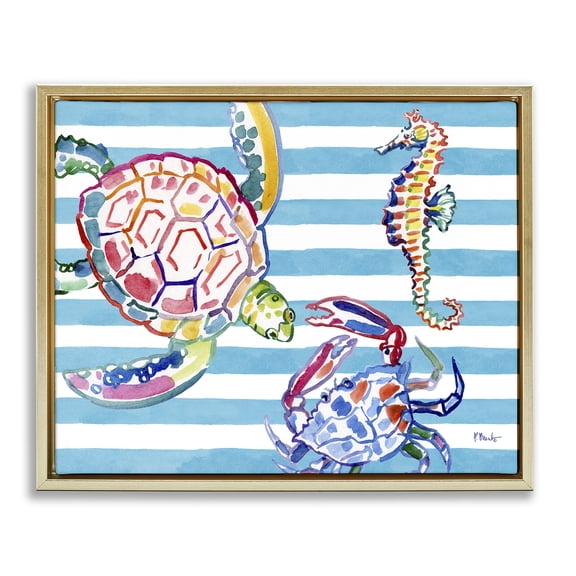 Stupell Industries Brushed Sea Life on Stripes Gold Framed Floater Canvas Wall Art design by Paul Brent, 25 x 31